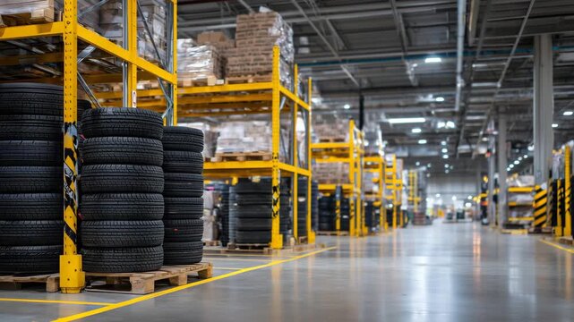 93A visually rich industrial storage environment, yellow frames supporting neatly arranged stacks of tires, clean lines and sharp contrast creating a sense of order and scale