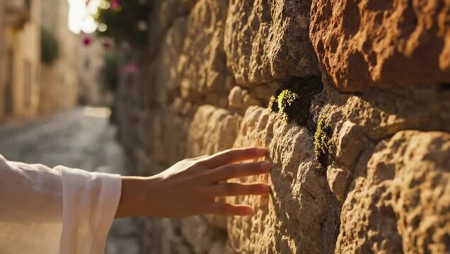Touching History - A Hand on Ancient Stone Wall.