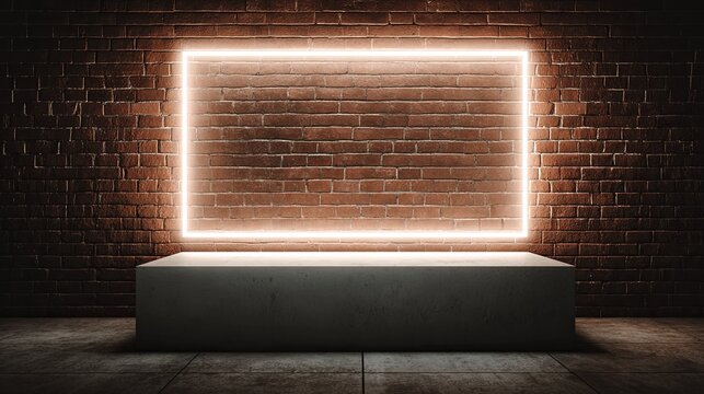 Neon Rectangle Glows on Brick Wall Above White Podium.