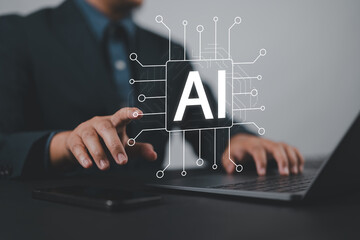 Artificial intelligence analysis concept with a person typing on a laptop displaying numbers and symbols, representing machine learning algorithms and AI data processing.