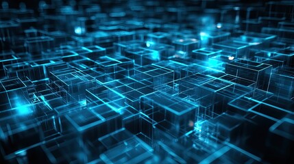 Digital blue wireframe cubes and blocks creating an intricate abstract structure, representing data processing, networking, and advanced technological concepts