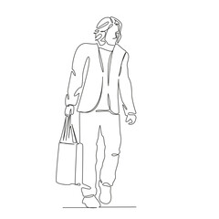 One continuous single drawing line art flat doodle man, male, client, shopper, shopping, mall, sale, young, go. Isolated image hand draw contour on a white background, hand drawn, not AI
