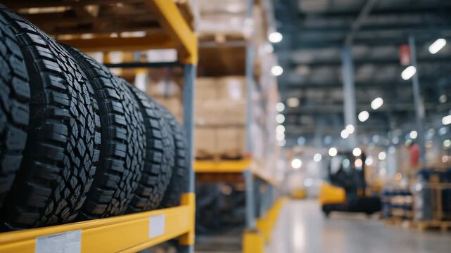 97Close-up view of yellow warehouse racks loaded with heavy rubber tires, intricate tread patterns visible, the industrial atmosphere enhanced by soft dust particles floating in cool
