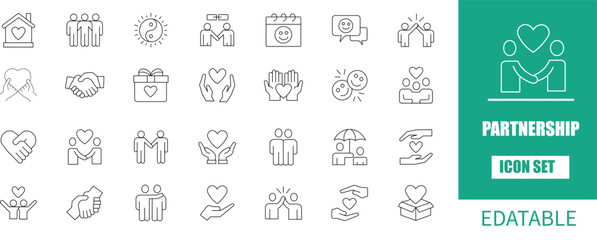 Webpartnership icon set. partnership commitment editabl  trust caring  passionsharingaffection, charity, icon set. Outline Icon Collection. Vector illustration. Editable stroke