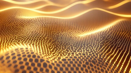 Abstract technology background showing a glowing golden hexagonal grid surface undulating, creating dynamic waves of light and representing digital data flow and connectivity