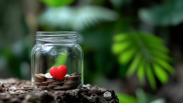 Hand placing coins into a clear jar holding a red heart, symbolizing saving, donations and financial support for family, charity or meaningful goals against a green natural backdrop
