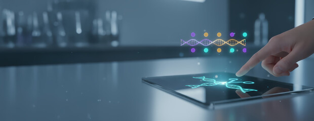 Digital tablet with futuristic DNA hologram and hand pointing on screen representing technology innovation and longevity in science research