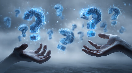 Human hands reaching for glowing blue question marks floating in a misty atmosphere image
