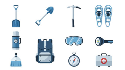 Obraz premium Set of various hiking and adventure equipment isolated on white