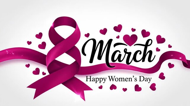 Pink ribbon shaped like the number 8 for international womens day celebration with the word mar and a heart icon, isolated on white background
