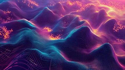 Abstract digital landscape showing a vibrant glowing wireframe grid forming an undulating terrain. Representing data flow. Complex systems. And network connections in a futuristic virtual environment