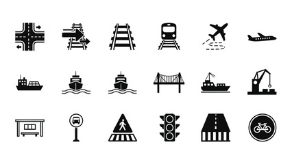 Transportation icons highway train airplane ship and road sign illustrations