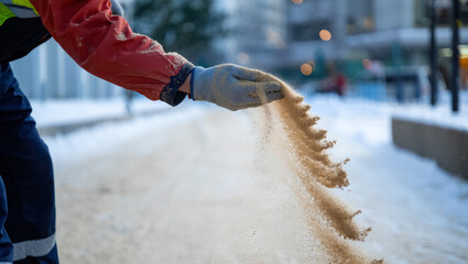 Municipal worker wearing protective gloves spreads sand on an icy sidewalk in a snowy city to improve pedestrian safety during winter conditions
