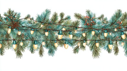 Festive Fir Sparkling Christmas Garland Watercolor Illustration.