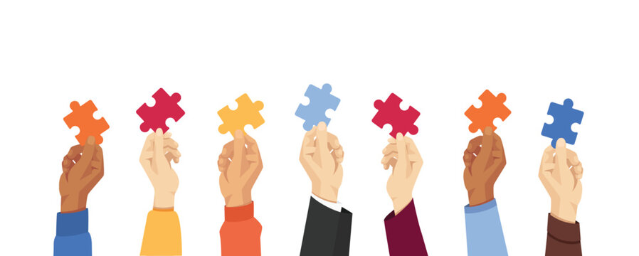 Hands of diverse people wearing different clothes raising puzzle pieces. Teamwork and collaboration concept. Isolated vector illustration.