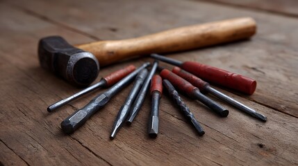 A collection of vintage metal punches and a hammer laid out on a rustic wooden surface