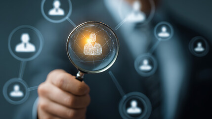 Magnifying glass examining digital human network business human resources