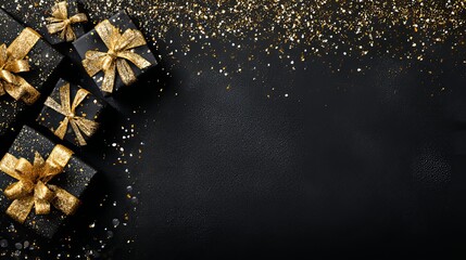Golden Luxe Black Gifts  Glitter Sparkle with Dark Background, and Celebrations.