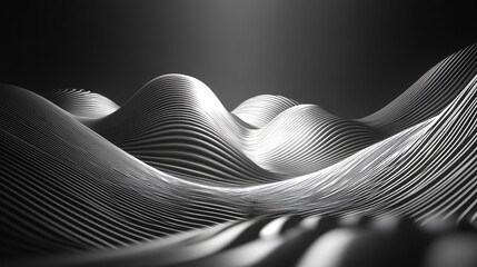 Abstract wavy lines creating an undulating futuristic landscape, presenting a rhythmic pattern with highlights and shadows in a dark grayscale environment