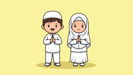 Cute cartoon Muslim boy and girl in traditional white attire making a greeting gesture.