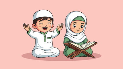 Cute Cartoon Muslim Children Praying and Reading Quran Illustration.