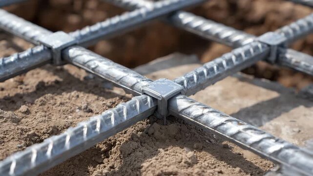 125Close-up of metal rebar grid integrated with conduit paths around a house construction base