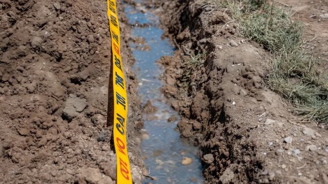 122Close-up of soil compacted above water line, with bright safety tape marking utility area