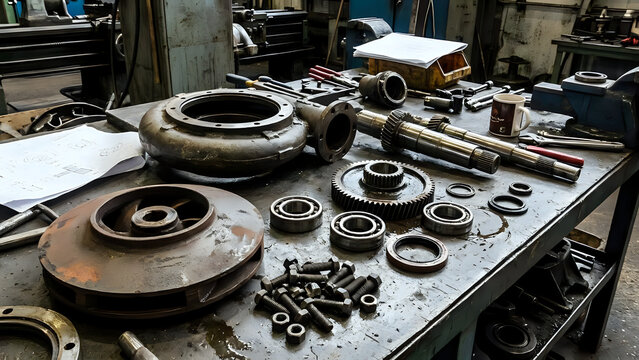 Disassembled heavy machinery components including gears shafts bearings and bolts spread across a workbench