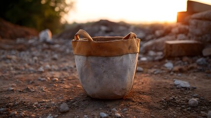 A worn canvas bucket rests on rough ground during golden hour light