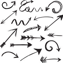 Hand Drawn Line Marker Brush Arrow Doodle Set with Pencil Stroke Underline Scribble Icons, Highlight Shapes and Sketch Pen Vector Illustration