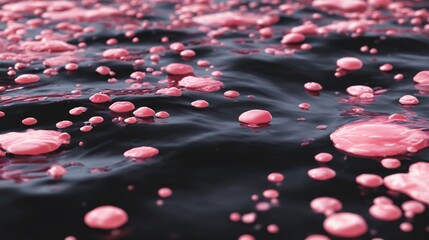Pink droplets float on dark liquid surface with subtle ripples