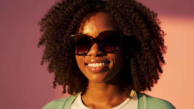 Joyful young black woman with curly hair and stylish sunglasses smiling brightly in warm, golden hour lighting against a pink background