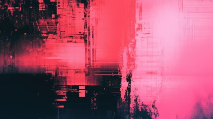 Abstract technology background showing a vibrant pink digital landscape with data corruption elements and a dark grunge effect creating a futuristic and dynamic visual