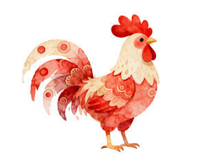 Rooster Watercolor Illustration: A vibrant rooster with flamboyant red and gold feathers stands proudly, a captivating watercolor illustration showcasing the beauty of the barnyard bird.
