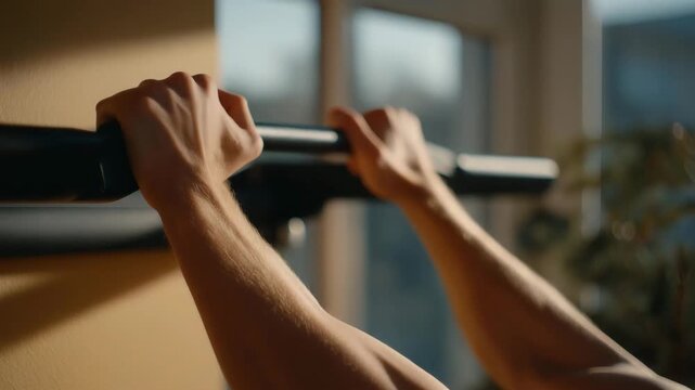 A wall-mounted fitness rack folded flat against the wall in a small apartment gym, showcasing space-efficient workout design for urban living. cinematic color correction, natural uneven lighting