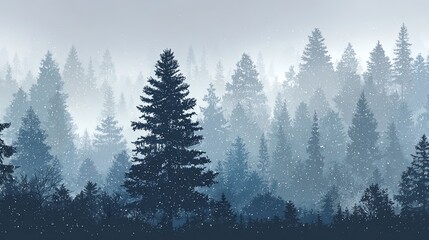 Misty Forest Winter Snowfall in Evergreen Pine Tree Landscape.