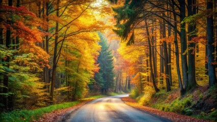 Fototapeta premium Autumnal Road Winding Through a Vibrant Forest of Golden and Crimson Hues