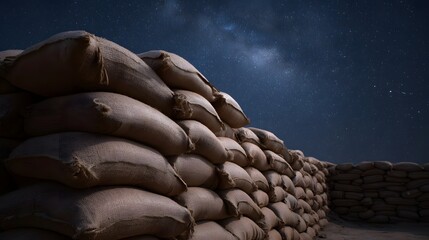 Stacked sandbags form a defensive barrier against a vast starry night sky