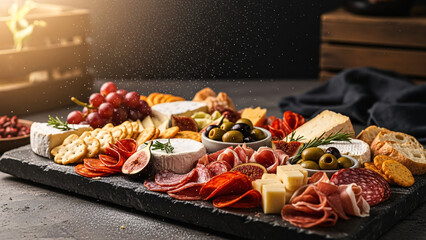 Delicious charcuterie board with cheese, meats, and fresh fruit
