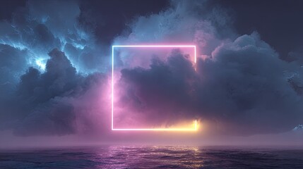 Neon Portal Stormy Clouds with Ocean, and and a Glowing Geometric Square.