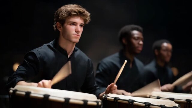 Percussionists striking timpani drums in a powerful fortissimo section, vibrations visible across the stretched skin &mdash; dramatic sound production, rhythmic intensity, and orchestral depth. cinematic