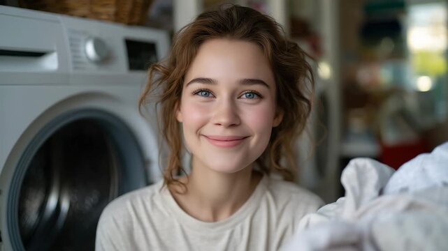 143Bright home interior scene with woman smiling gently while looking into washing machine drum filled with soft white fabrics, natural light enhancing calm atmosphere