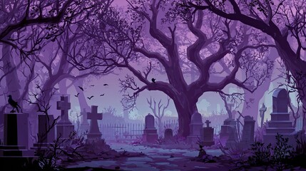 Purple Haze Cemetery Eerie Tombs with Ravens, and Spooky Trees.
