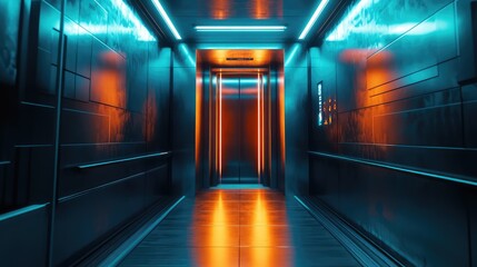 Modern elevator doors opening into a corridor animated by vibrant blue and orange neon light reflections, creating a cyberpunk atmosphere and symbolizing technology, progress, and ascent