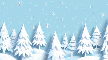Winter Wonderland Paper Snowflakes  Pine Trees on Blue with Festive Holiday.