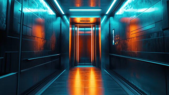 Modern elevator doors opening into a corridor animated by vibrant blue and orange neon light reflections, creating a cyberpunk atmosphere and symbolizing technology, progress, and ascent - Powered by Adobe