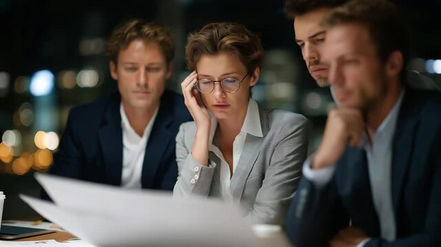 A crisis-management team gathered around a conference table at midnight, coffee cups and scattered printouts reflecting the exhaustion and determination of nonstop decision-making. cinematic color