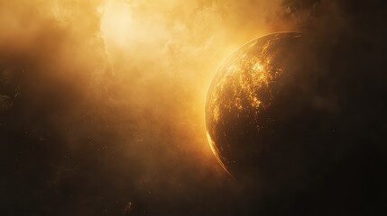 Distant exoplanet orbiting a bright star, its surface illuminated by countless glowing city lights, creating a captivating vision of an advanced civilization