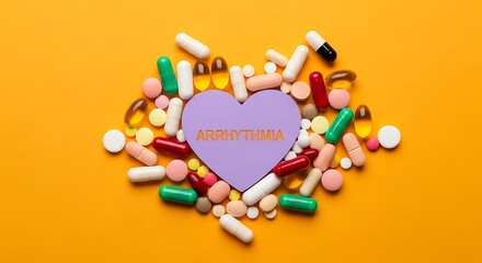 Colorful heart shaped arrhythmia awareness with assorted medication capsules and tablets