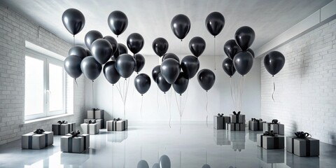 Mysterious Celebration Dark Balloons and Elegantly Wrapped Presents in a Modern Room